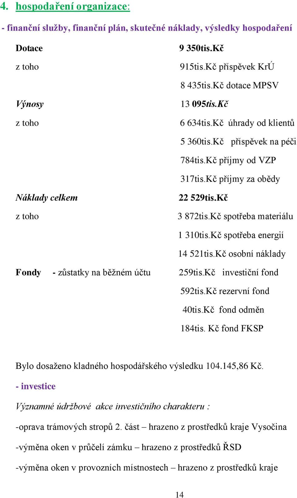 Kč spotřeba energií 14 521tis.Kč osobní náklady Fondy - zůstatky na běţném účtu 259tis.Kč investiční fond 592tis.Kč rezervní fond 40tis.Kč fond odměn 184tis.