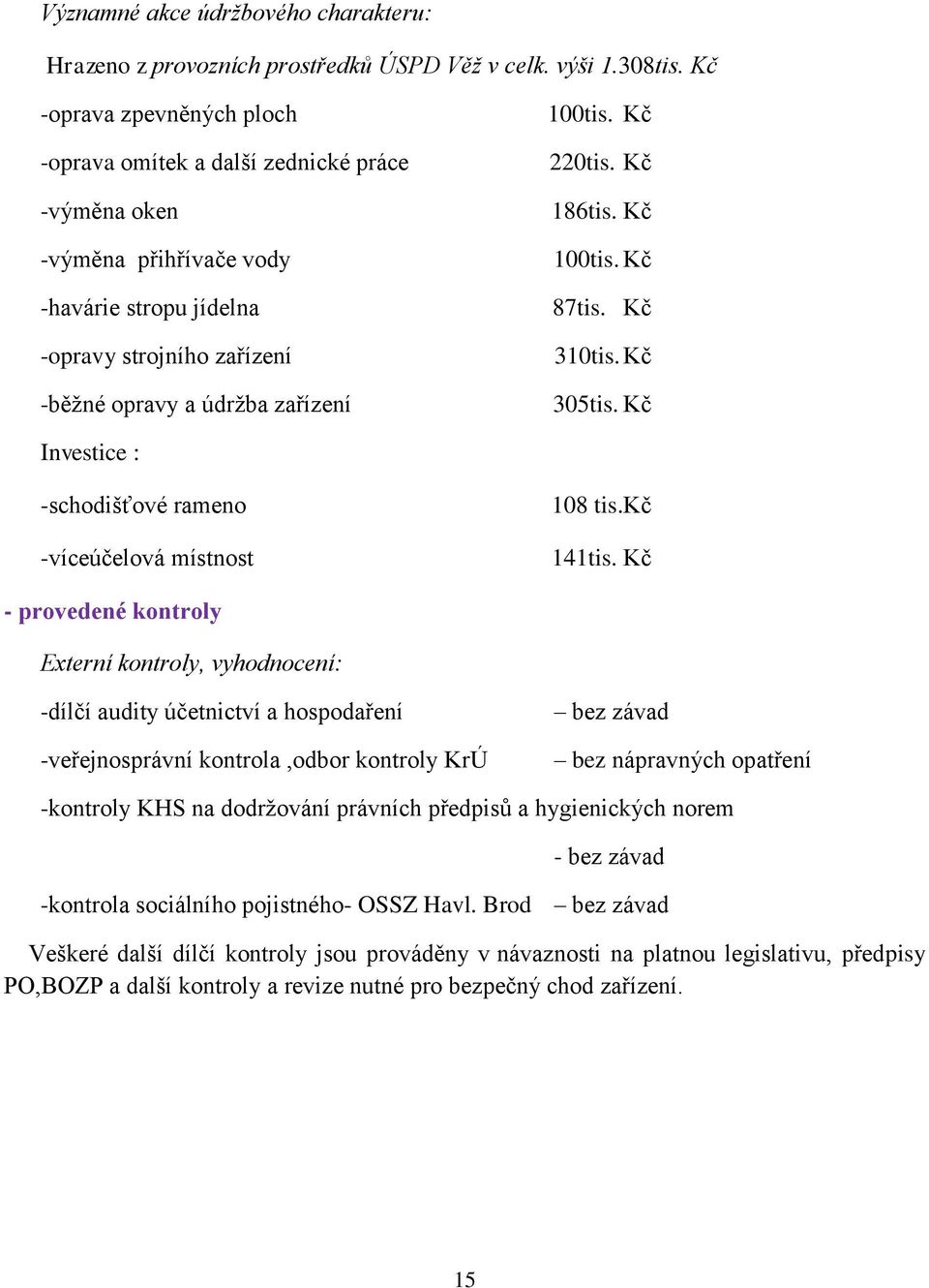 Kč 220tis. Kč 186tis. Kč 100tis. Kč 87tis. Kč 310tis. Kč 305tis. Kč Investice : -schodišťové rameno -víceúčelová místnost 108 tis.kč 141tis.