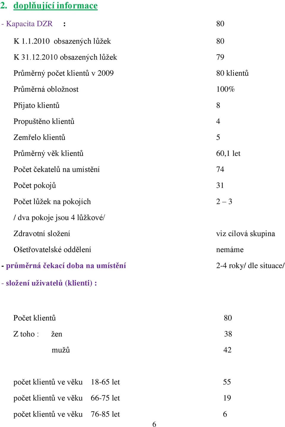 klientů 60,1 let Počet čekatelů na umístění 74 Počet pokojů 31 Počet lůţek na pokojích 2 3 / dva pokoje jsou 4 lůţkové/ Zdravotní sloţení Ošetřovatelské oddělení viz