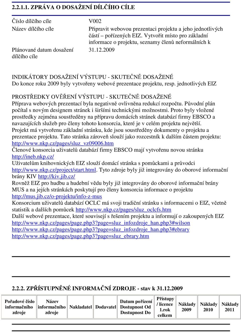 jednotlivých EIZ PROSTŘEDKY OVĚŘENÍ VÝSTUPU - SKUTEČNĚ DOSAŽENÉ Příprava webových prezentací byla negativně ovlivněna redukcí rozpočtu.