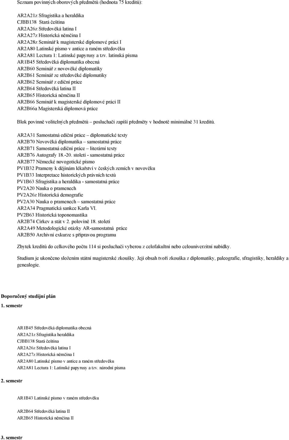 latinská písma AR1B45 Středověká diplomatika obecná AR2B60 Seminář z novověké diplomatiky AR2B61 Seminář ze středověké diplomatiky AR2B62 Seminář z ediční práce AR2B64 Středověká latina II AR2B65