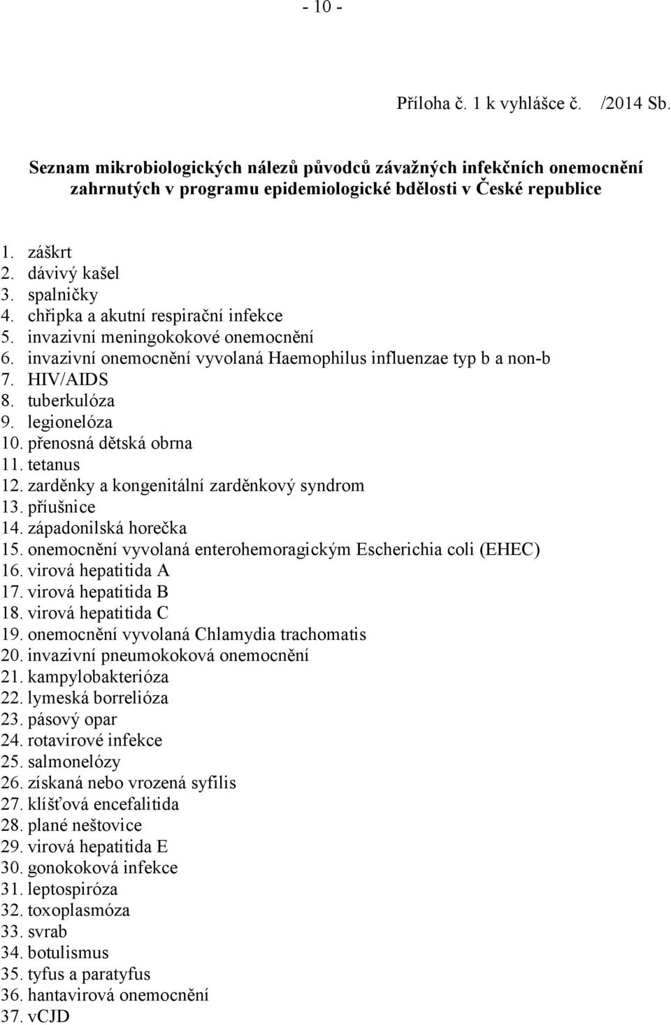tuberkulóza 9. legionelóza 10. přenosná dětská obrna 11. tetanus 12. zarděnky a kongenitální zarděnkový syndrom 13. příušnice 14. západonilská horečka 15.