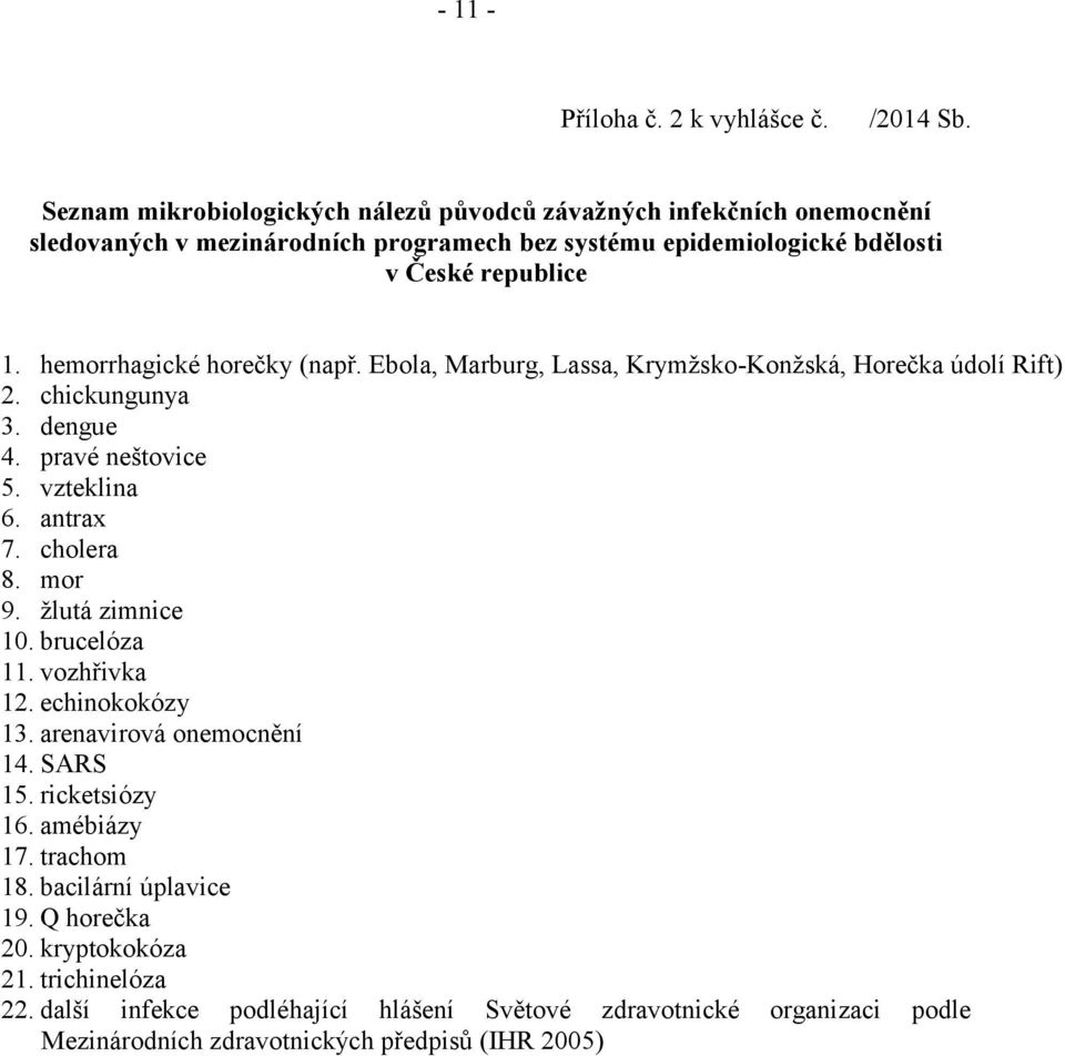 hemorrhagické horečky (např. Ebola, Marburg, Lassa, Krymžsko-Konžská, Horečka údolí Rift) 2. chickungunya 3. dengue 4. pravé neštovice 5. vzteklina 6. antrax 7. cholera 8. mor 9.