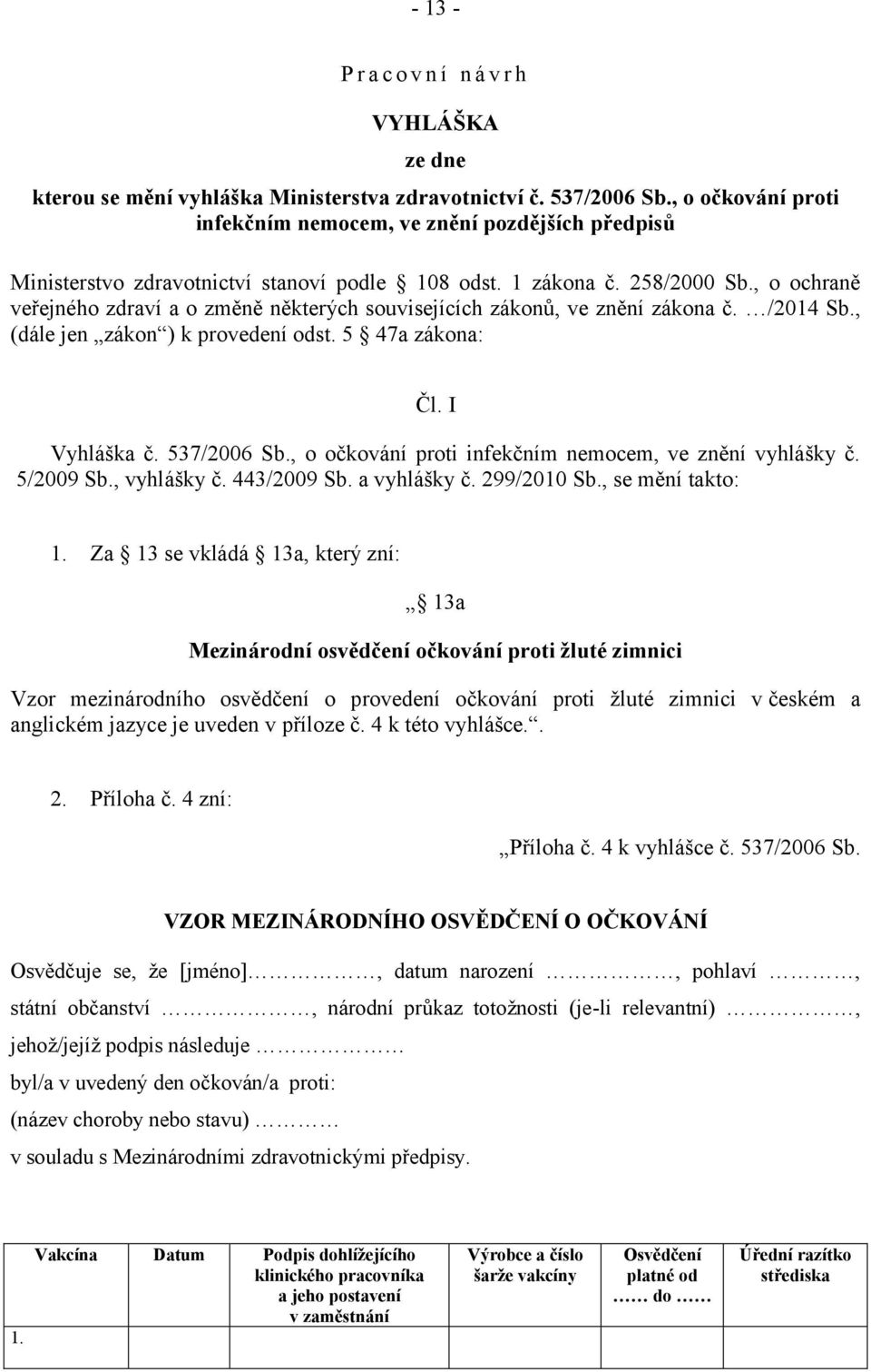 , o ochraně veřejného zdraví a o změně některých souvisejících zákonů, ve znění zákona č. /2014 Sb., (dále jen zákon ) k provedení odst. 5 47a zákona: Čl. I Vyhláška č. 537/2006 Sb.