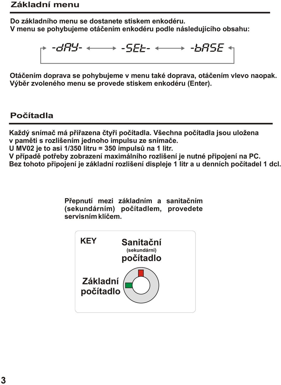 Výbìr zvoleného menu se provede stiskem enkodéru (Enter). Poèítadla Každý snímaè má pøiøazena ètyøi poèítadla. Všechna poèítadla jsou uložena v pamìti s rozlišením jednoho impulsu ze snímaèe.