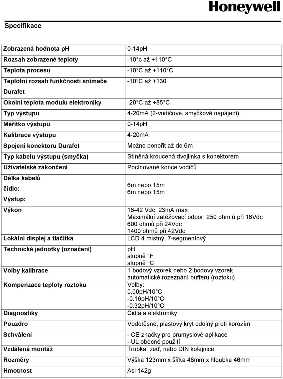 teploty roztoku Diagnostiky Pouzdro Schválení Vzdálená montáž Rozměry Hmotnost 0-14pH -10 c až +110 C -10 C až +110 C -10 C až +130-20 C až +85 C 4-20mA (2-vodičové, smyčkové napájení) 0-14pH 4-20mA