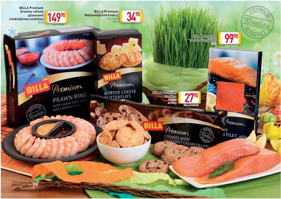 34 100 g BILLA Premium Losos uzený filet 150 g 99 100 g =