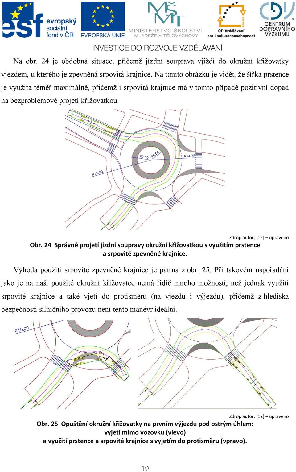 Zdroj: autor, [12] upraveno Obr. 24 Správné projetí jízdní soupravy okružní křižovatkou s využitím prstence a srpovité zpevněné krajnice. Výhoda použití srpovité zpevněné krajnice je patrna z obr. 25.