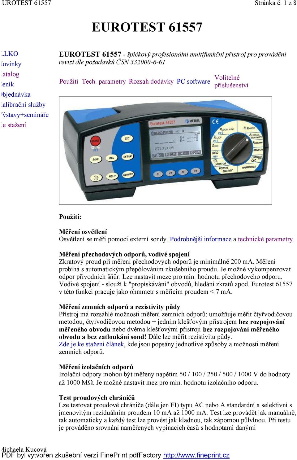 EUROTEST Použití Tech. parametry Rozsah dodávky PC software Volitelné  příslušenství - PDF Stažení zdarma