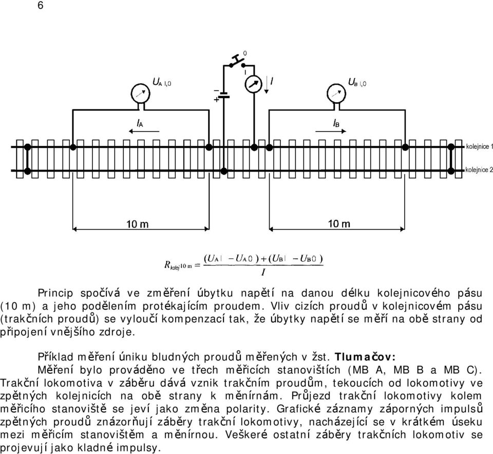 Příklad měření ú niku bludných proudů měřených v žst. Tlumačov: Měření bylo prováděno ve třech měřicích stanoviš tích (MB A, MB B a MB C).
