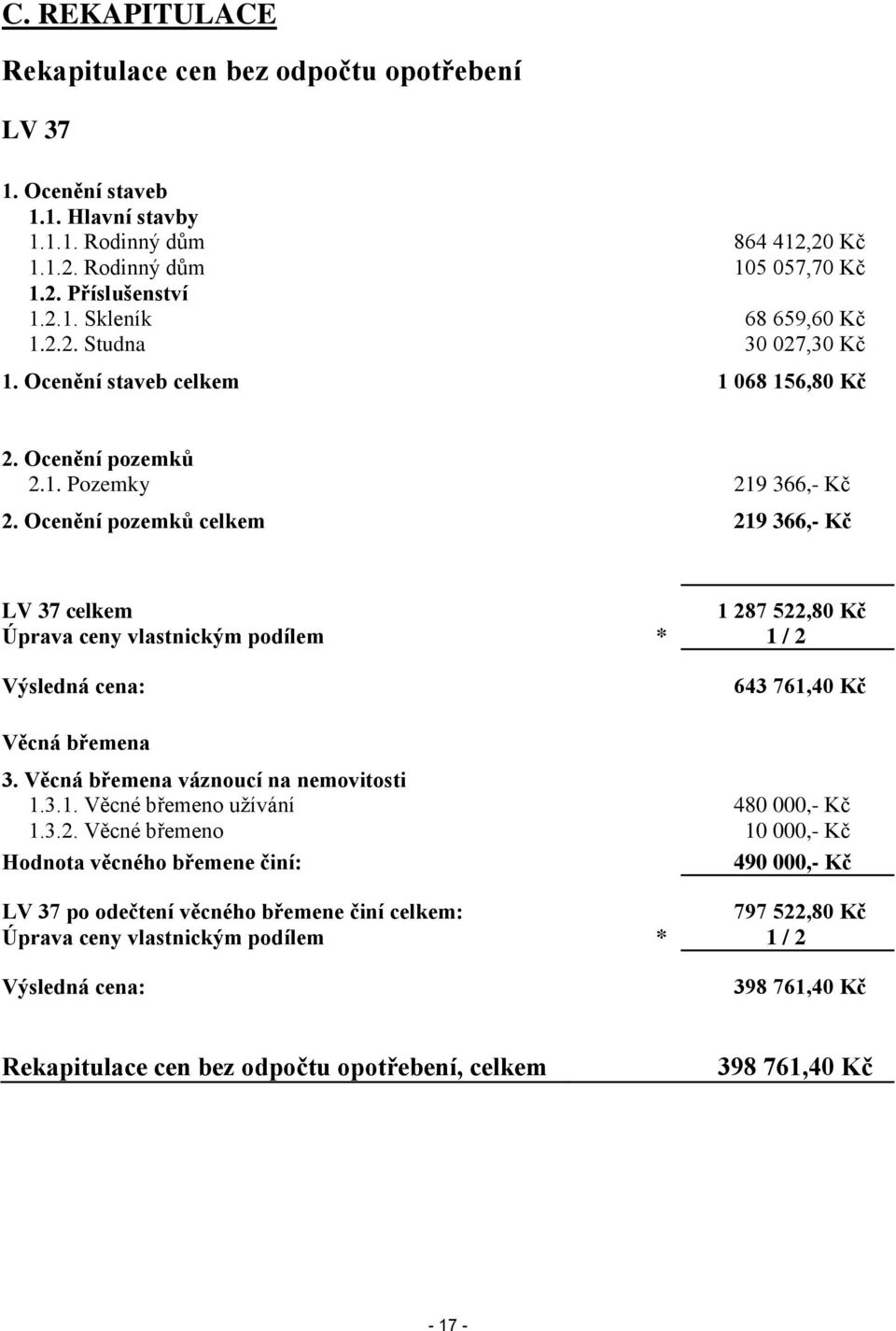 Ocenění pozemků celkem 219 366,- Kč LV 37 celkem 1 287 522,80 Kč Úprava ceny vlastnickým podílem * 1 / 2 Výsledná cena: 643 761,40 Kč Věcná břemena 3. Věcná břemena váznoucí na nemovitosti 1.3.1. Věcné břemeno užívání 480 000,- Kč 1.