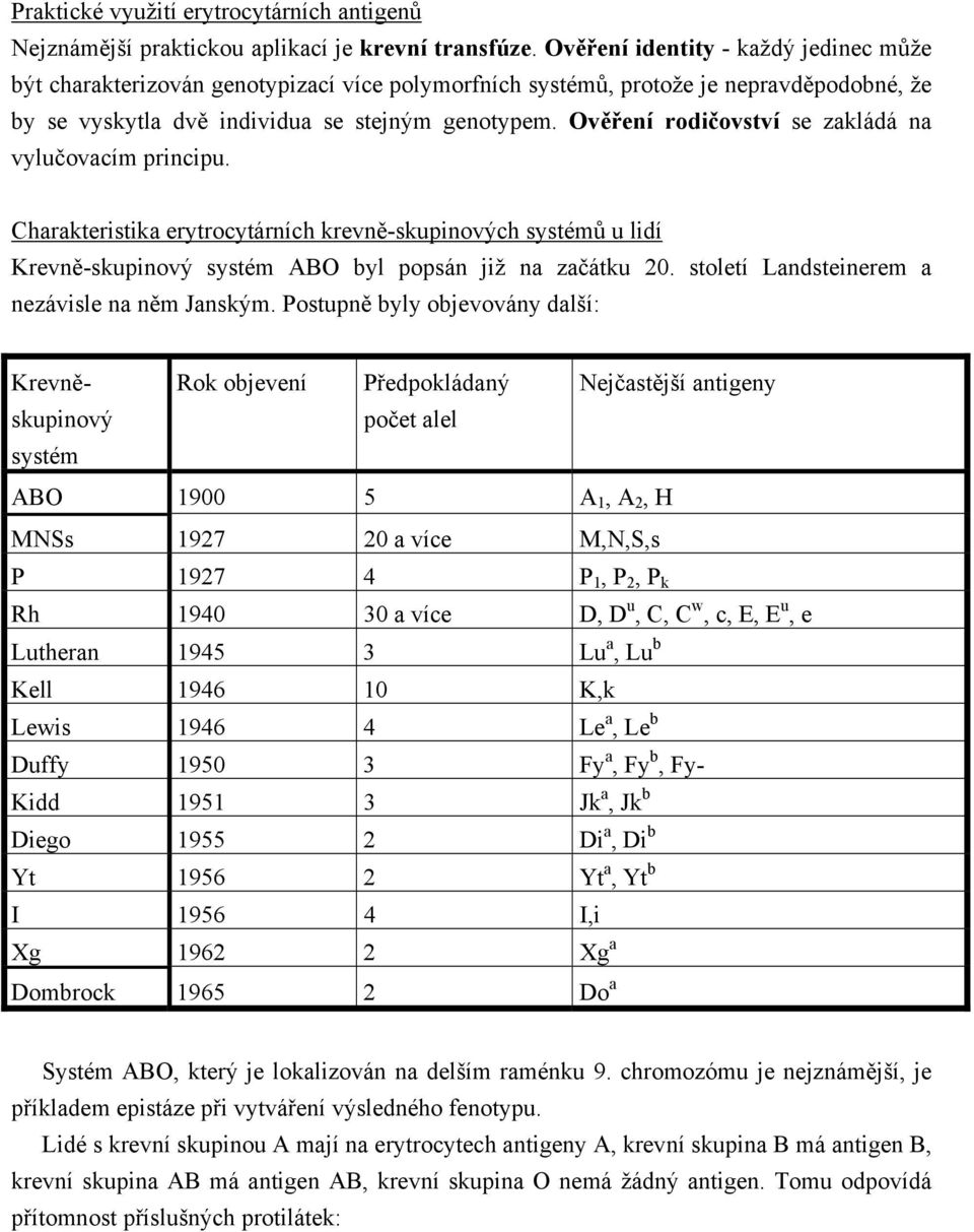 Ověření rodičovství se zakládá na vylučovacím principu. Charakteristika erytrocytárních krevně-skupinových systémů u lidí Krevně-skupinový systém ABO byl popsán již na začátku 20.