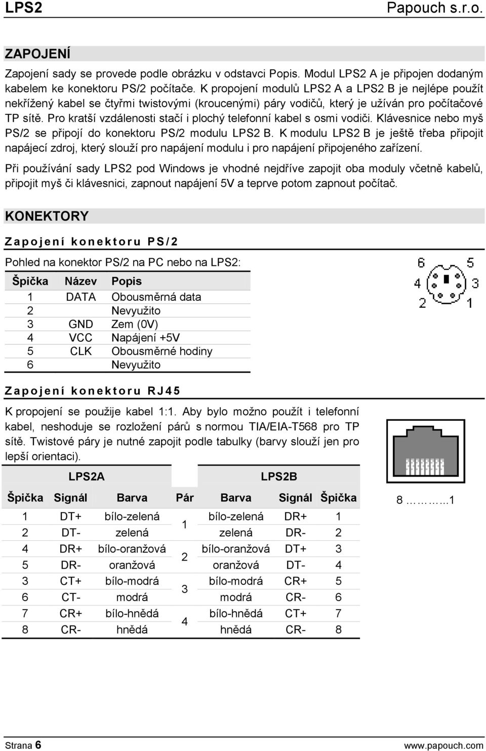 Pro kratší vzdálenosti stačí i plochý telefonní kabel s osmi vodiči. Klávesnice nebo myš PS/2 se připojí do konektoru PS/2 modulu LPS2 B.