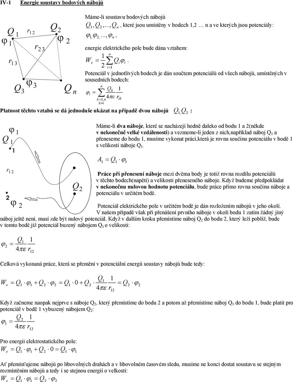 i= Poteciál v jedotlivých bodech je dá součtem poteciálů od všech ábojů, umístěých v sousedích bodech: ϕ = i k =, k i Qk 4πε r Platost těchto vztahů se dá jedoduše ukázat a případě dvou ábojů Q Q :