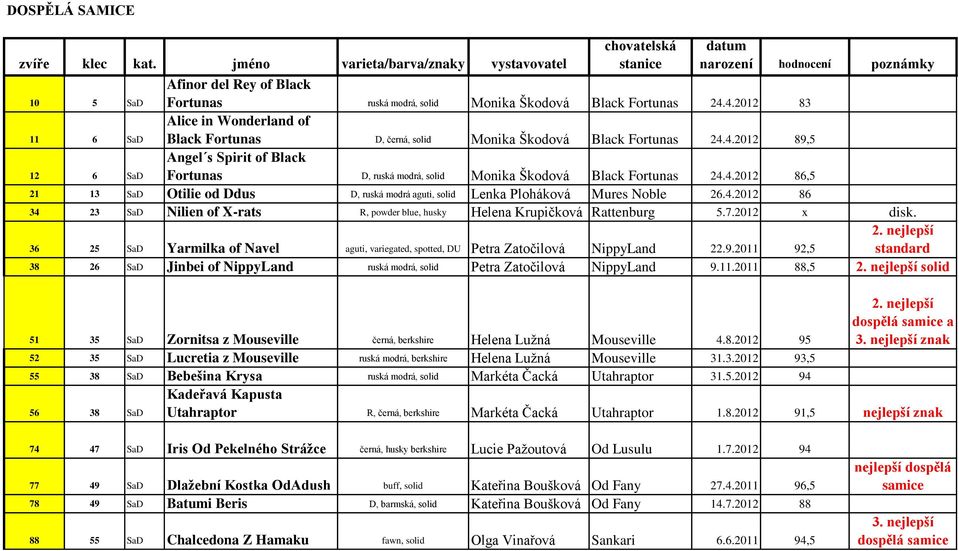 4.2012 86 34 23 SaD Nilien of X-rats R, powder blue, husky Helena Krupičková Rattenburg 5.7.2012 x disk. 36 25 SaD Yarmilka of Navel aguti, variegated, spotted, DU Petra Zatočilová NippyLand 22.9.