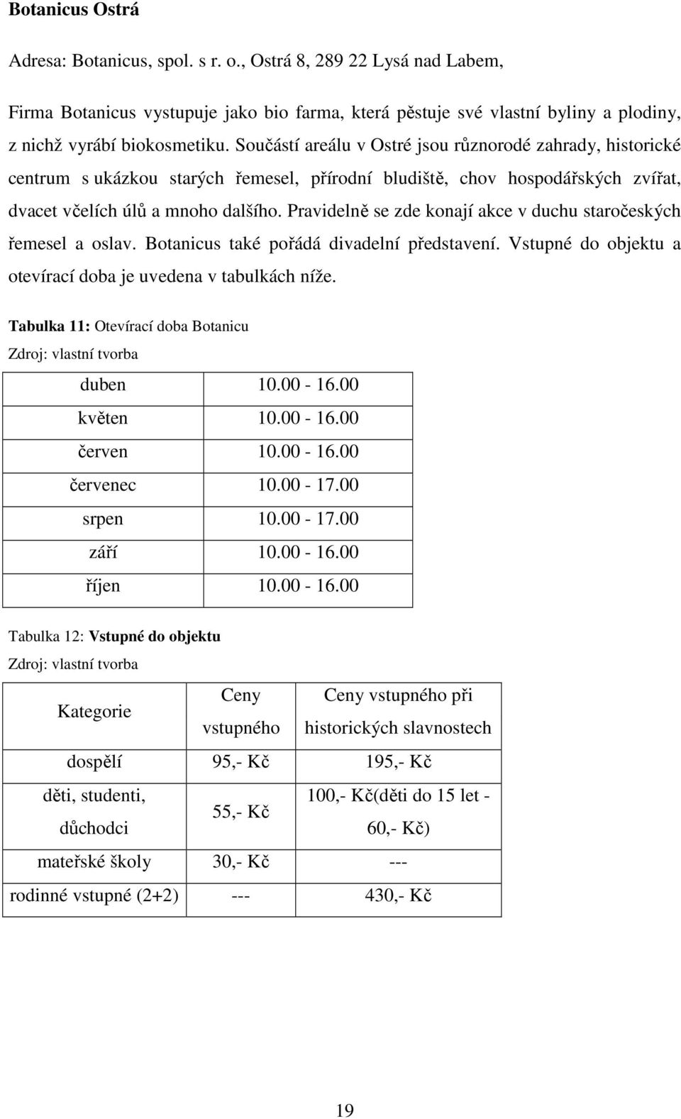 Pravidelně se zde konají akce v duchu staročeských řemesel a oslav. Botanicus také pořádá divadelní představení. Vstupné do objektu a otevírací doba je uvedena v tabulkách níže.