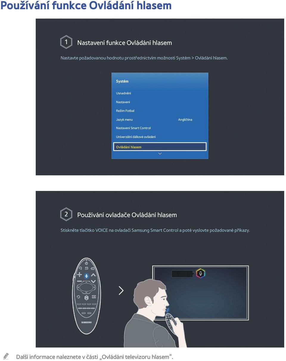 Systém Usnadnění Nastavení Režim Fotbal Jazyk menu Angličtina Nastavení Smart Control Univerzální dálkové ovládání