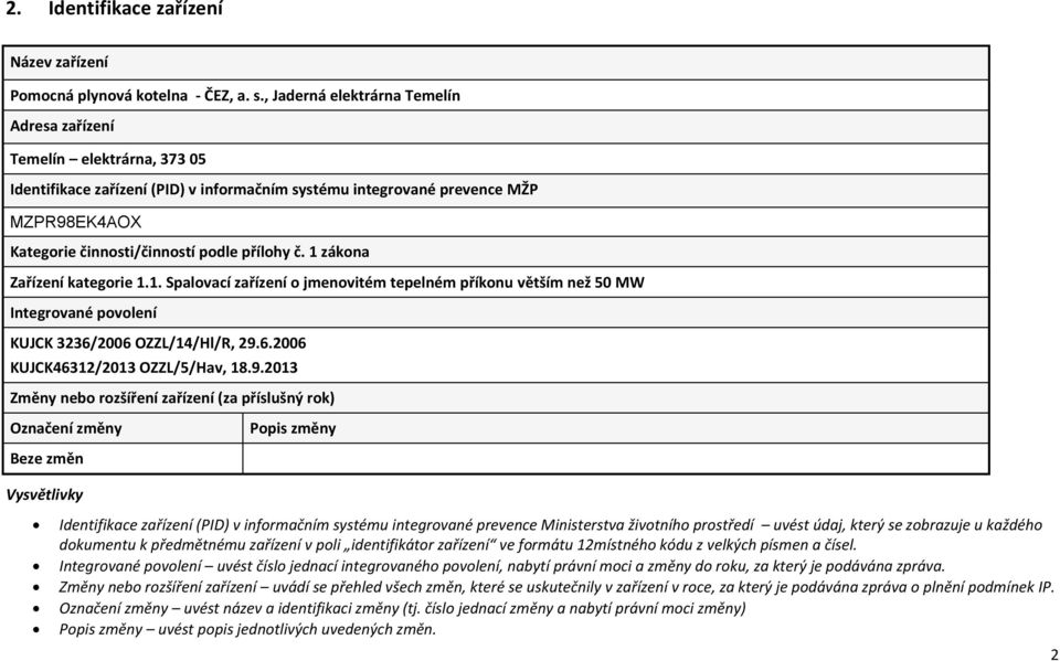 přílohy č. 1 zákona Zařízení kategorie 1.1. Spalovací zařízení o jmenovitém tepelném příkonu větším než 50 MW Integrované povolení KUJCK 3236/2006 OZZL/14/Hl/R, 29.6.2006 KUJCK46312/2013 OZZL/5/Hav, 18.