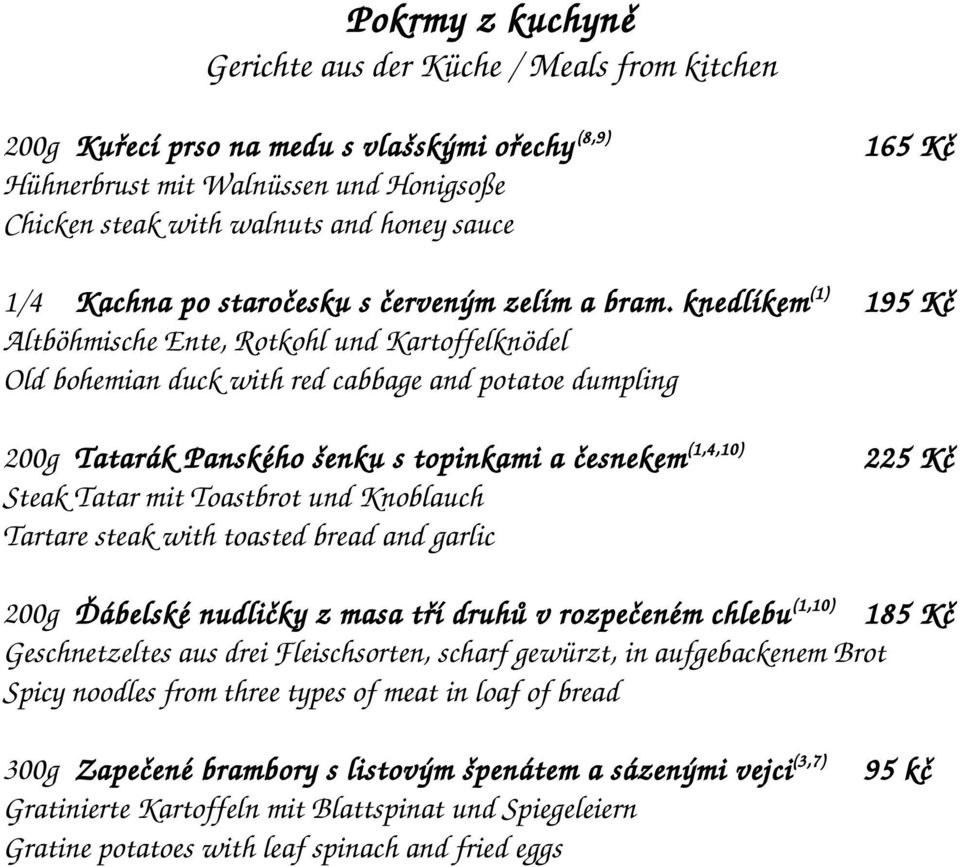 knedlíkem (1) 195 Kč Altböhmische Ente, Rotkohl und Kartoffelknödel Old bohemian duck with red cabbage and potatoe dumpling 200g Tatarák Panského šenku s topinkami a česnekem (1,4,10) Steak Tatar mit