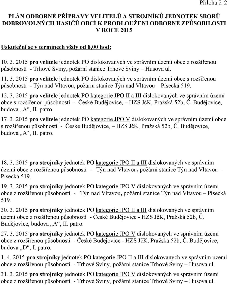 2015 pro velitele jednotek PO dislokovaných ve správním území obce s rozšířenou působností - Týn nad Vltavou, požární stanice Týn nad Vltavou Písecká 519. 12. 3.