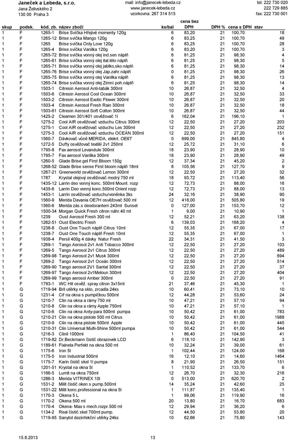 léto náplň 6 81,25 21 98,30 5 1 F 1265-71 Brise svíčka vonný olej jablko,sko.náplń 6 81,25 21 98,30 14 1 F 1265-76 Brise svíčka vonný olej Jap.zahr.