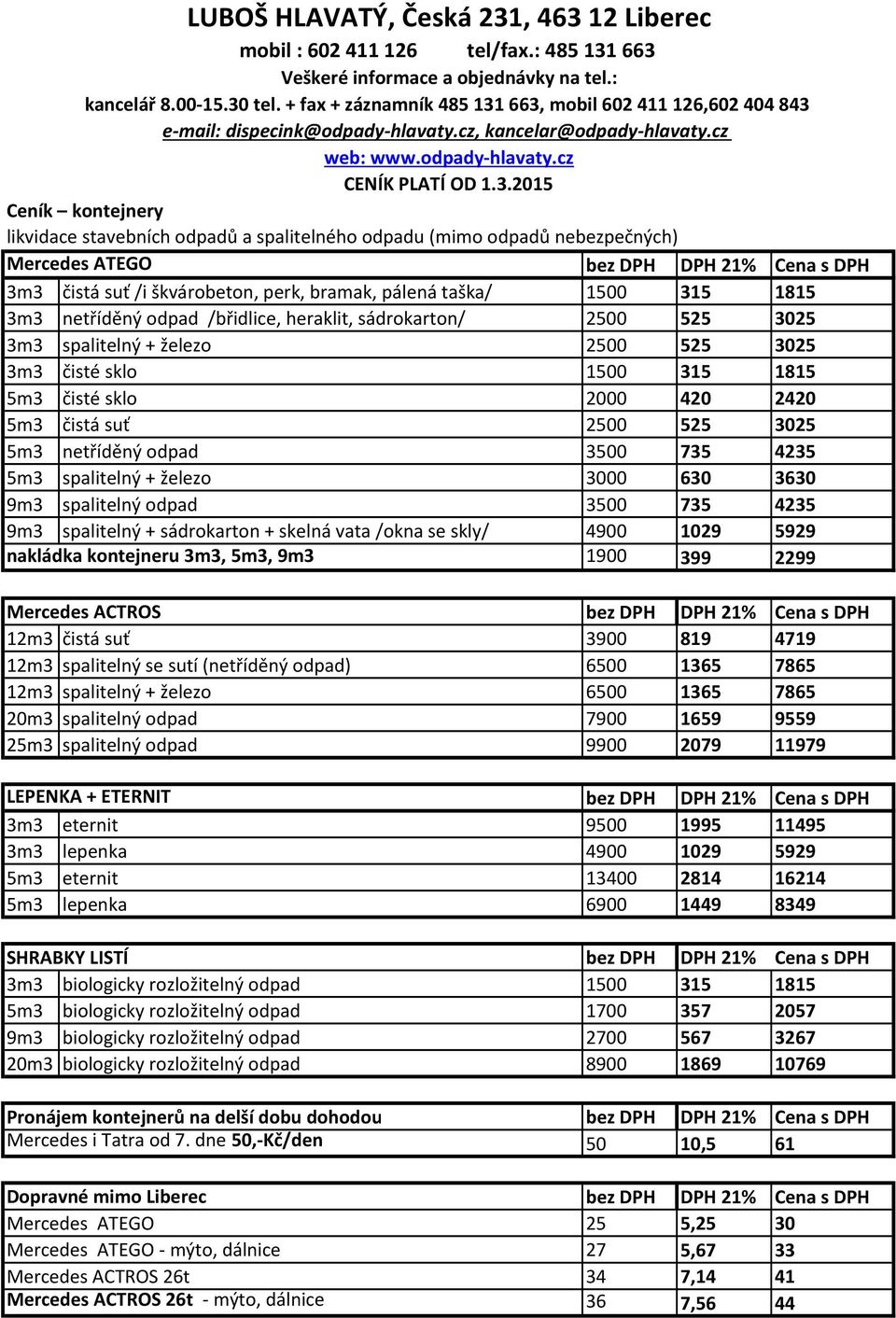 663, mobil 602 411 126,602 404 843 e-mail: dispecink@odpady-hlavaty.cz, kancelar@odpady-hlavaty.cz web: www.odpady-hlavaty.cz CENÍK PLATÍ OD 1.3.2015 Ceník kontejnery likvidace stavebních odpadů a