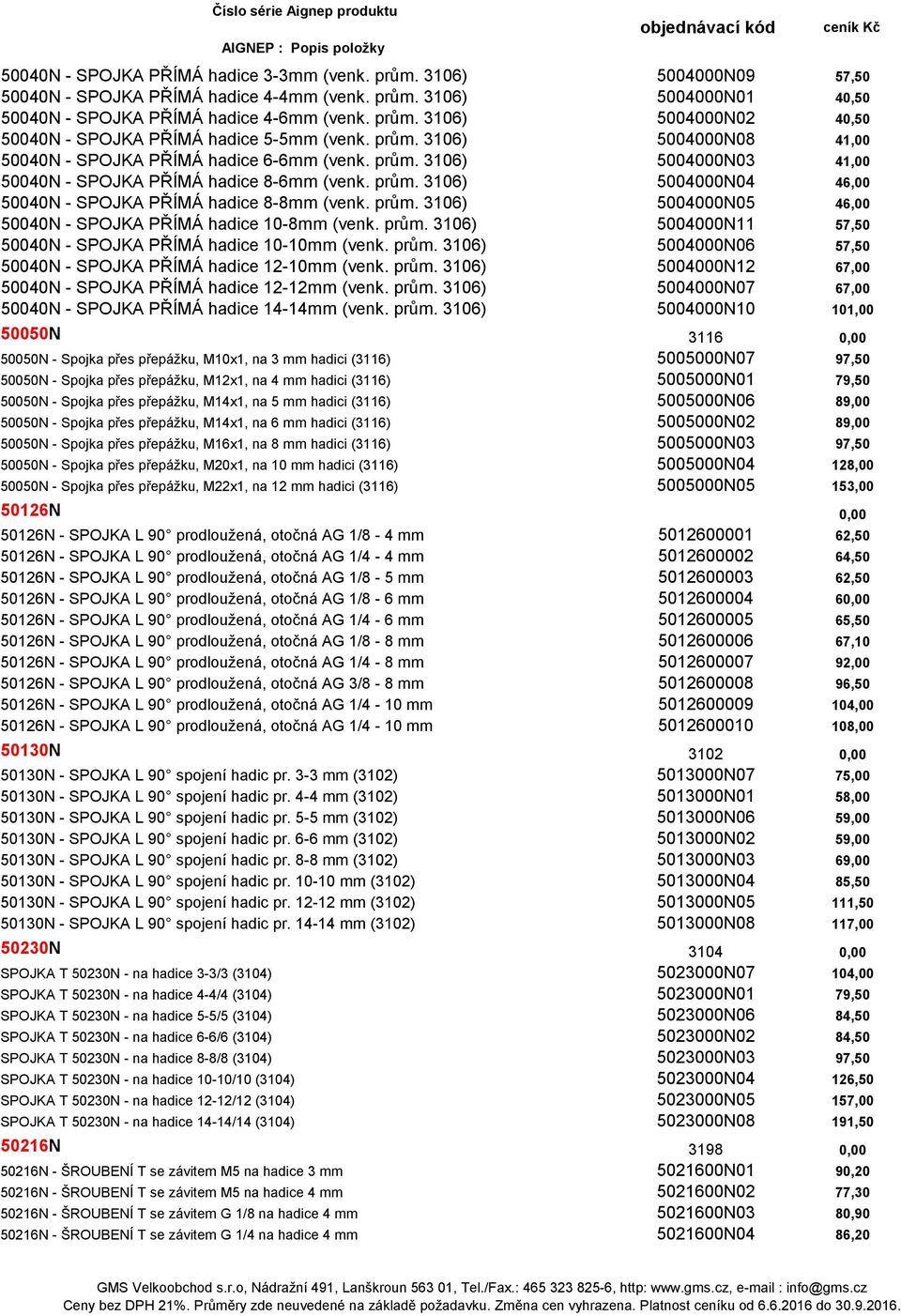 prům. 3106) 5004000N05 46,00 50040N - SPOJKA PŘÍMÁ hadice 10-8mm (venk. prům. 3106) 5004000N11 57,50 50040N - SPOJKA PŘÍMÁ hadice 10-10mm (venk. prům. 3106) 5004000N06 57,50 50040N - SPOJKA PŘÍMÁ hadice 12-10mm (venk.