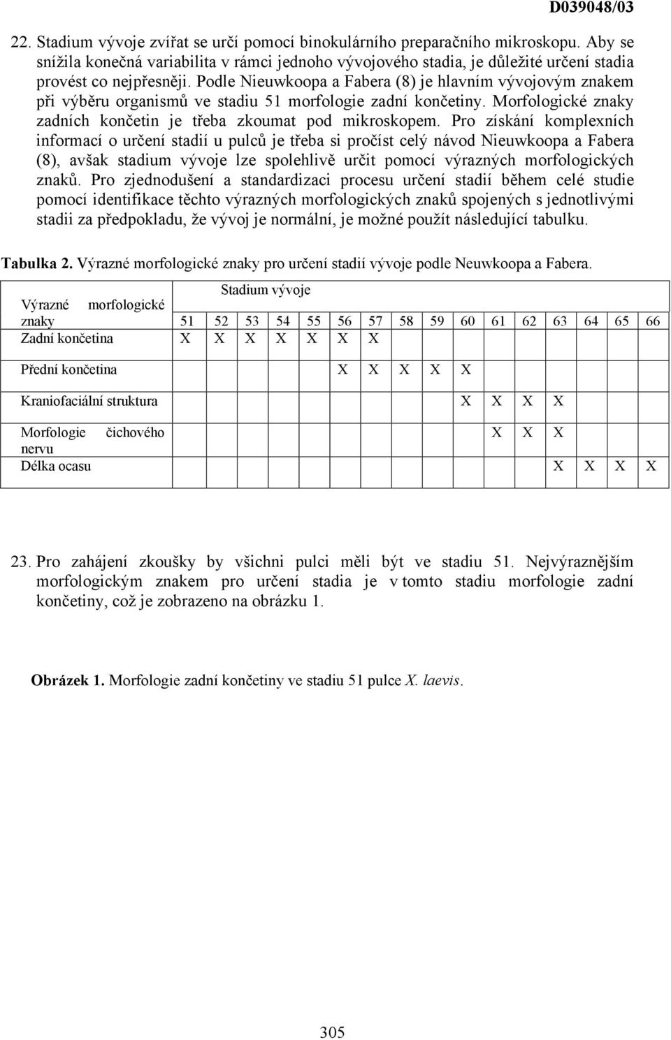 Podle Nieuwkoopa a Fabera (8) je hlavním vývojovým znakem při výběru organismů ve stadiu 51 morfologie zadní končetiny. Morfologické znaky zadních končetin je třeba zkoumat pod mikroskopem.