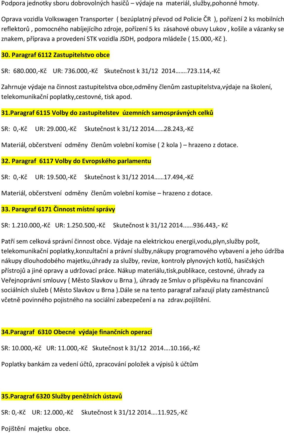 znakem, příprava a provedení STK vozidla JSDH, podpora mládeže ( 15.000,-Kč ). 30. Paragraf 6112 Zastupitelstvo obce SR: 680.000,-Kč UR: 736.000,-Kč Skutečnost k 31/12 2014.723.