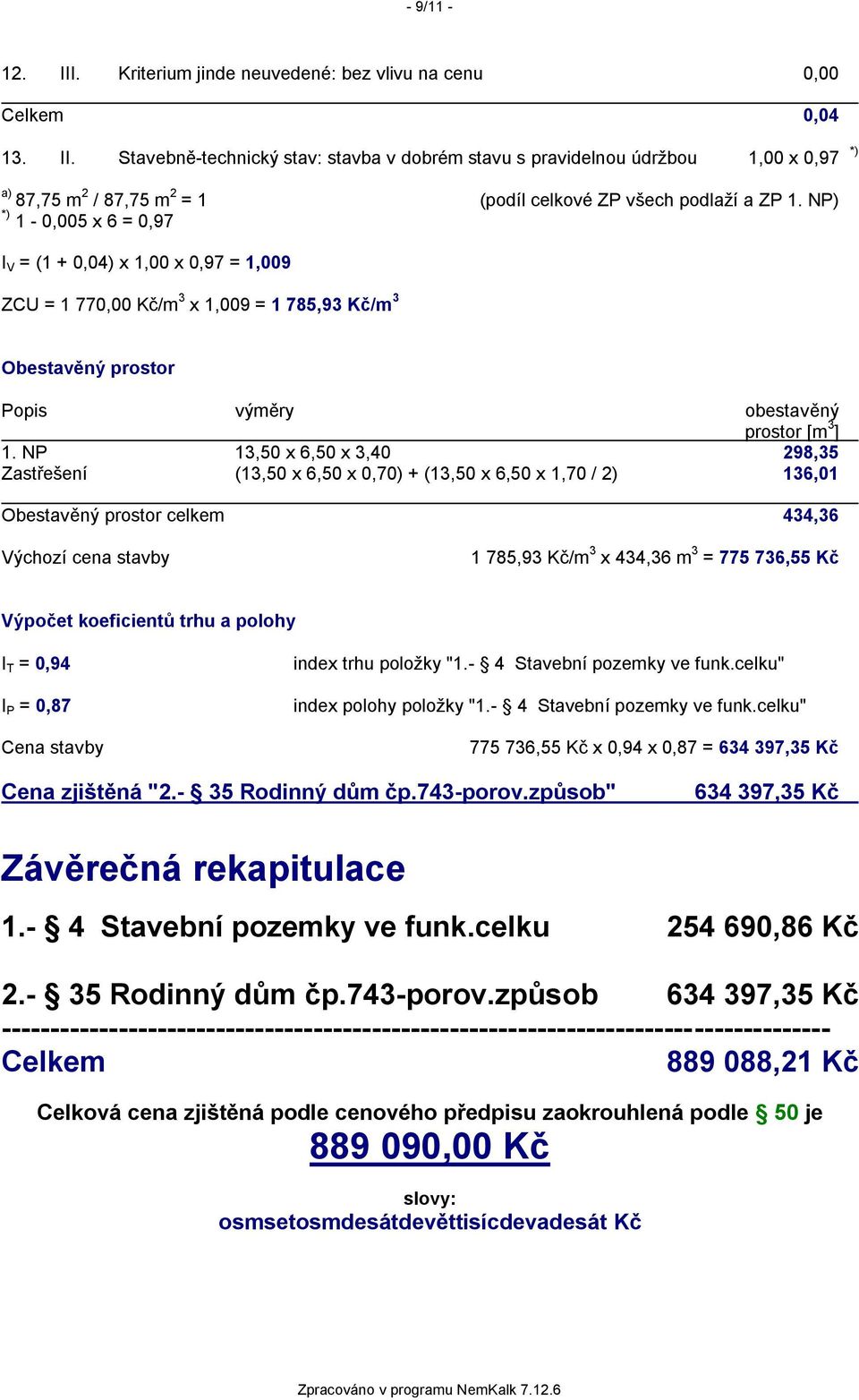 NP 13,50 x 6,50 x 3,40 298,35 Zastřešení (13,50 x 6,50 x 0,70) + (13,50 x 6,50 x 1,70 / 2) 136,01 Obestavěný prostor celkem 434,36 Výchozí cena stavby 1 785,93 Kč/m 3 x 434,36 m 3 = 775 736,55 Kč