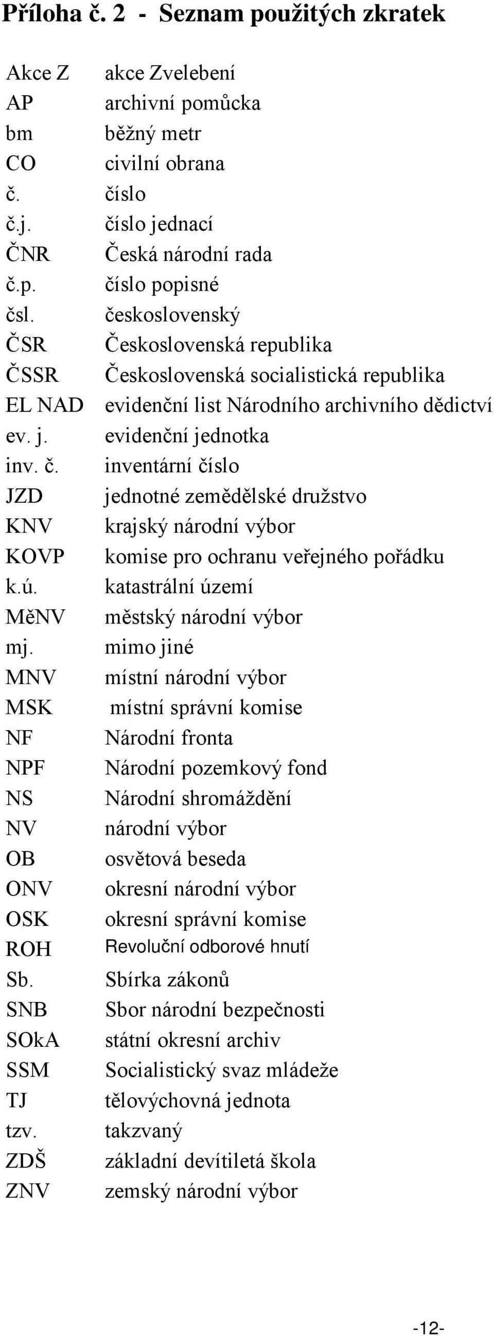inventární číslo JZD jednotné zemědělské družstvo KNV krajský národní výbor KOVP komise pro ochranu veřejného pořádku k.ú. katastrální území MěNV městský národní výbor mj.