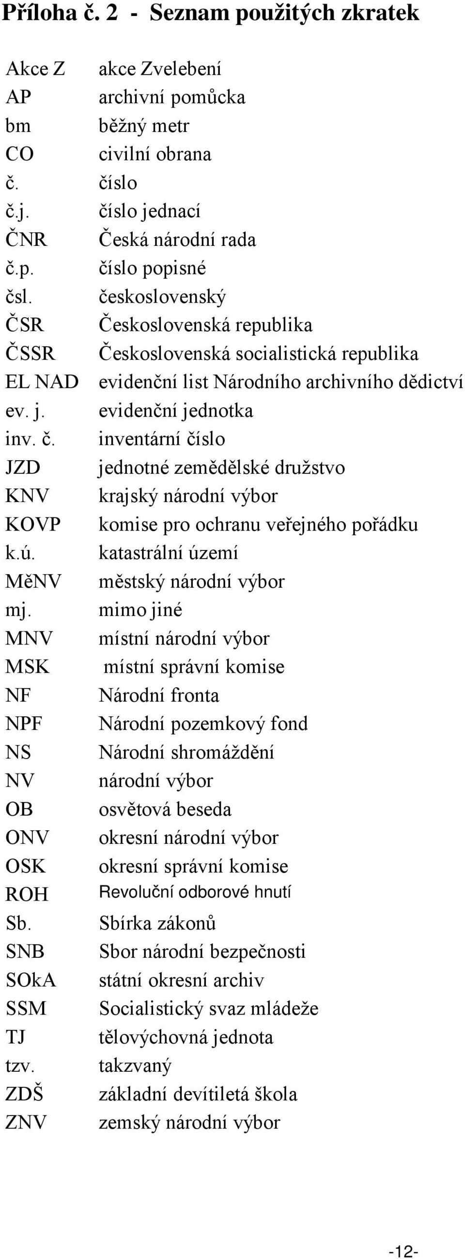 inventární číslo JZD jednotné zemědělské družstvo KNV krajský národní výbor KOVP komise pro ochranu veřejného pořádku k.ú. katastrální území MěNV městský národní výbor mj.