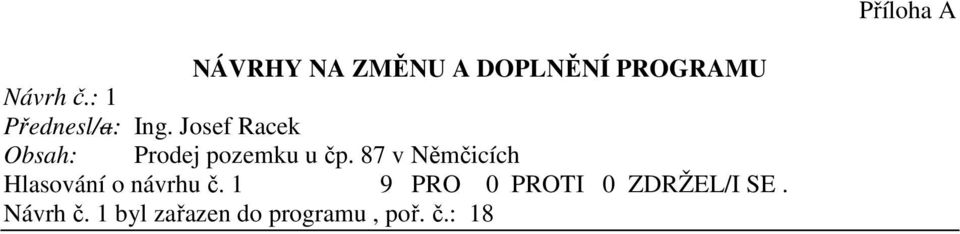 Josef Racek Obsah: Prodej pozemku u čp.