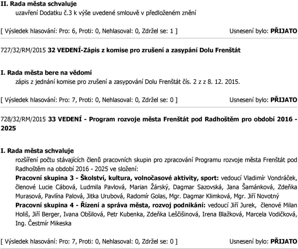 jednání komise pro zrušení a zasypování Dolu Frenštát čís. 2 z z 8. 12. 2015.