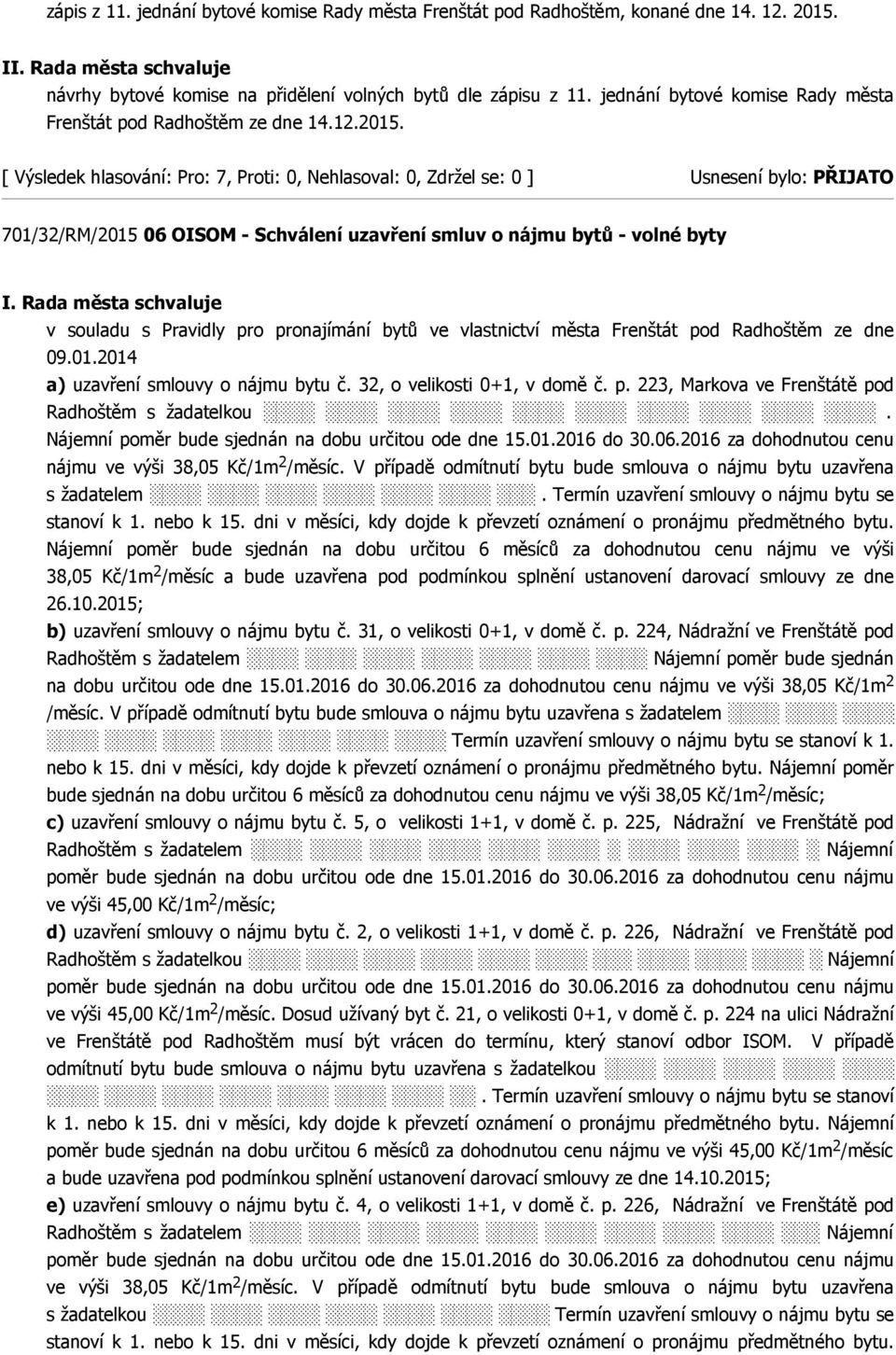 701/32/RM/2015 06 OISOM - Schválení uzavření smluv o nájmu bytů - volné byty v souladu s Pravidly pro pronajímání bytů ve vlastnictví města Frenštát pod Radhoštěm ze dne 09.01.2014 a) uzavření smlouvy o nájmu bytu č.