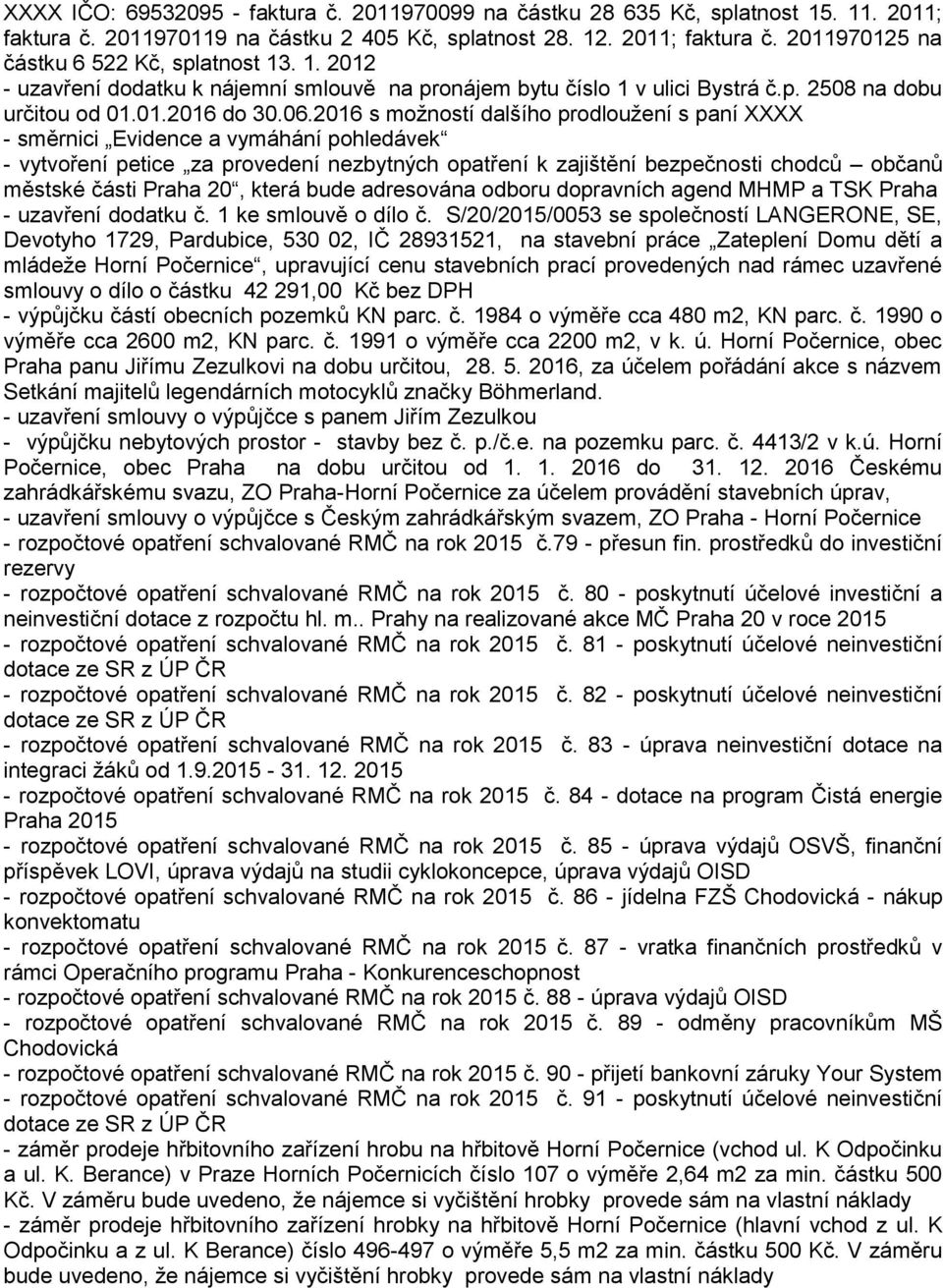 2016 s možností dalšího prodloužení s paní XXXX - směrnici Evidence a vymáhání pohledávek - vytvoření petice za provedení nezbytných opatření k zajištění bezpečnosti chodců občanů městské části Praha