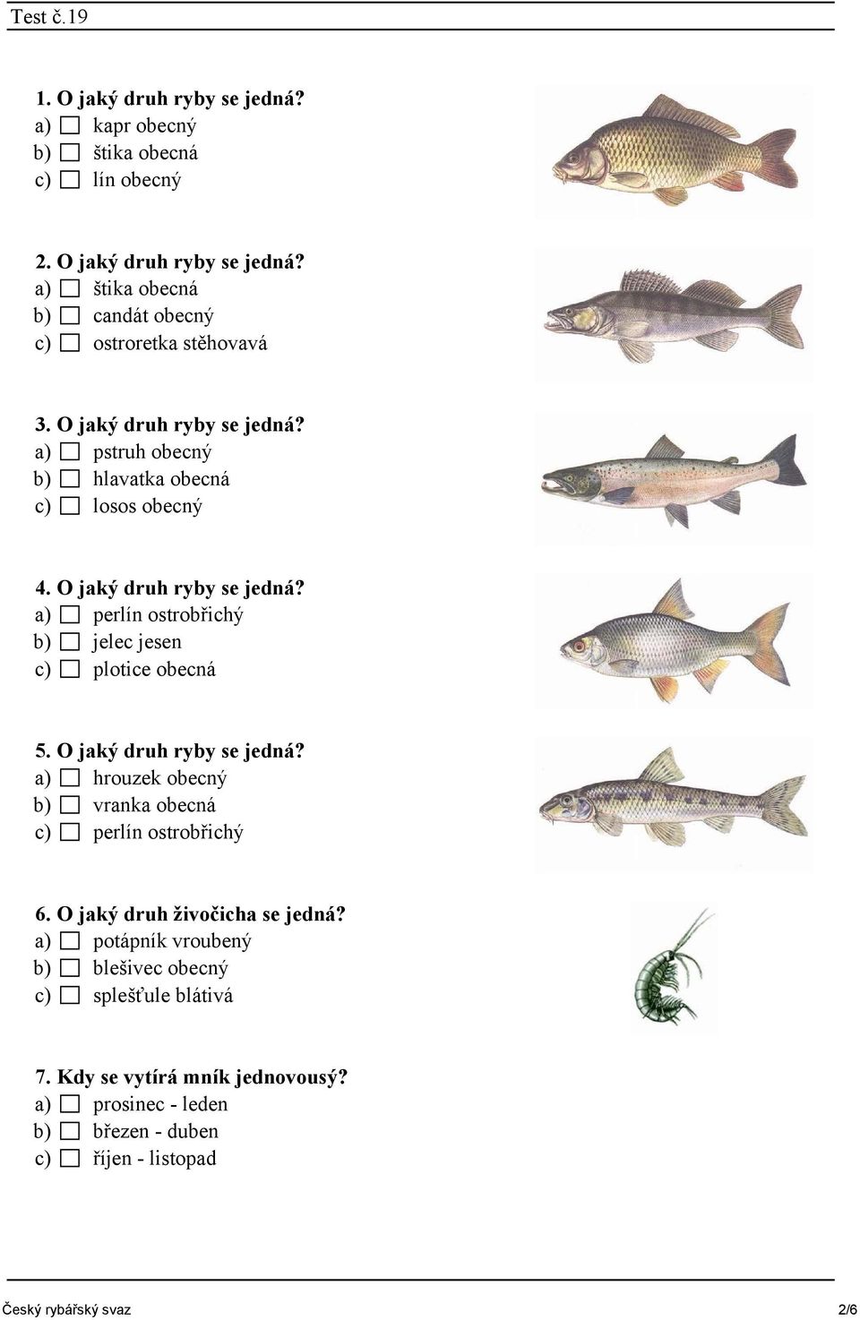 a) perlín ostrobřichý b) jelec jesen c) plotice obecná 5. O jaký druh ryby se jedná? a) hrouzek obecný b) vranka obecná c) perlín ostrobřichý 6.