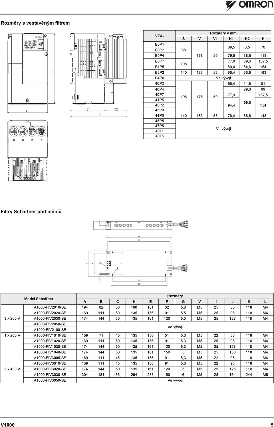 Model Schaffner Rozměry A B C H E F G V I J K L A1000-FIV2010-SE 194 82 50 160 181 62 5,3 M5 25 56 118 M4 A1000-FIV2020-SE 169 111 50 135 156 91 5.