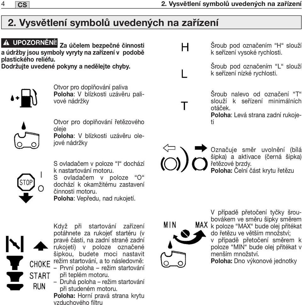 Otvor pro doplňování paliva Poloha: V blízkosti uzávěru palivové nádržky Otvor pro doplňování řetězového oleje Poloha: V blízkosti uzávěru olejové nádržky S ovladačem v poloze I dochází k