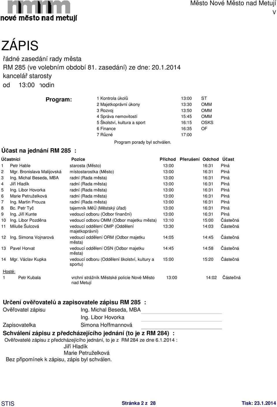 Školství, kultura a sport 16:15 OSKS 6 Finance 16:35 OF 7 Různé 17:00 Program porady byl schválen. Účastníci Pozice Příchod Přerušení Odchod Účast 1 Petr Hable starosta (Město) 2 Mgr.