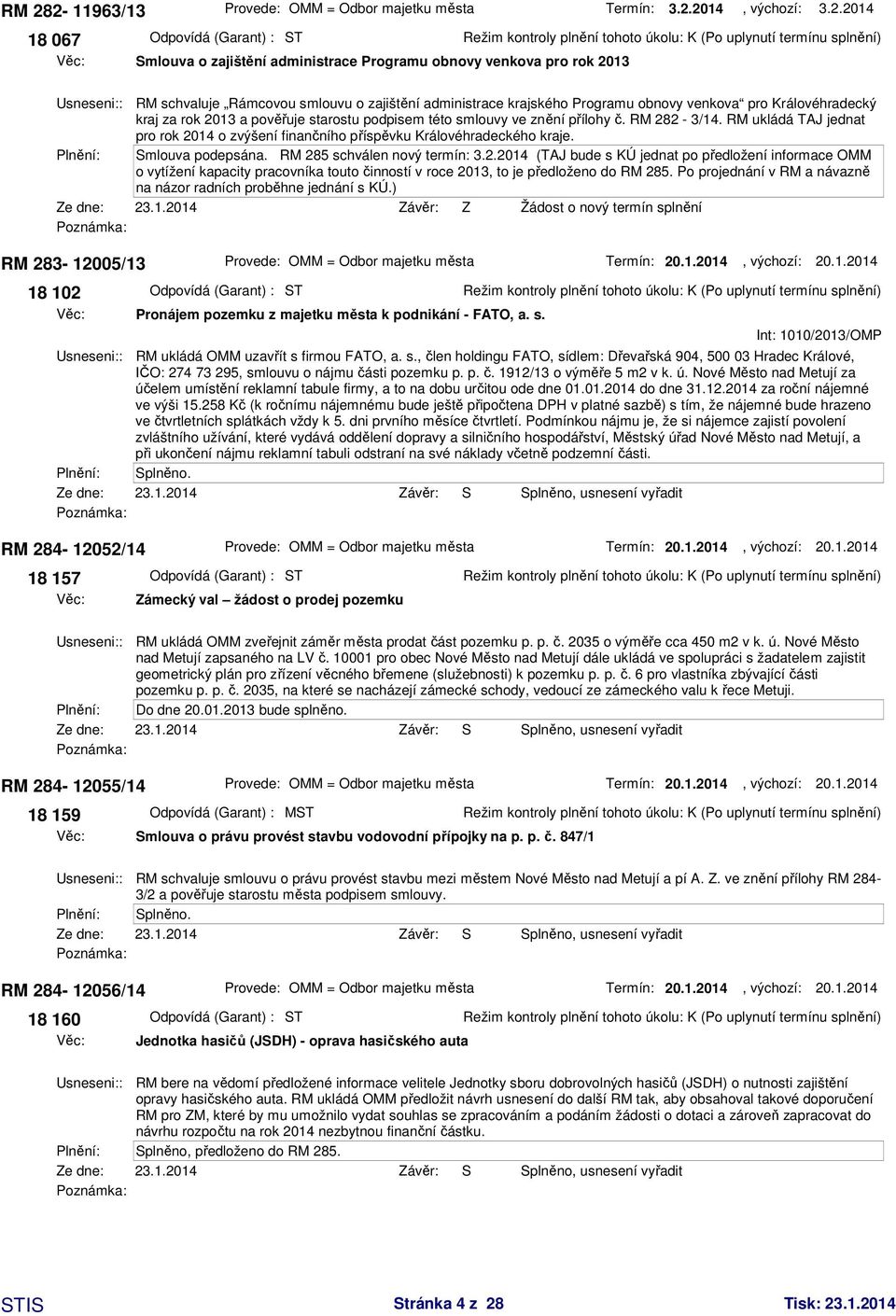 RM ukládá TAJ jednat pro rok 2014 o zvýšení finančního příspěvku Královéhradeckého kraje. Plnění: Smlouva podepsána. RM 285 schválen nový termín: 3.2.2014 (TAJ bude s KÚ jednat po předložení informace OMM o vytížení kapacity pracovníka touto činností v roce 2013, to je předloženo do RM 285.