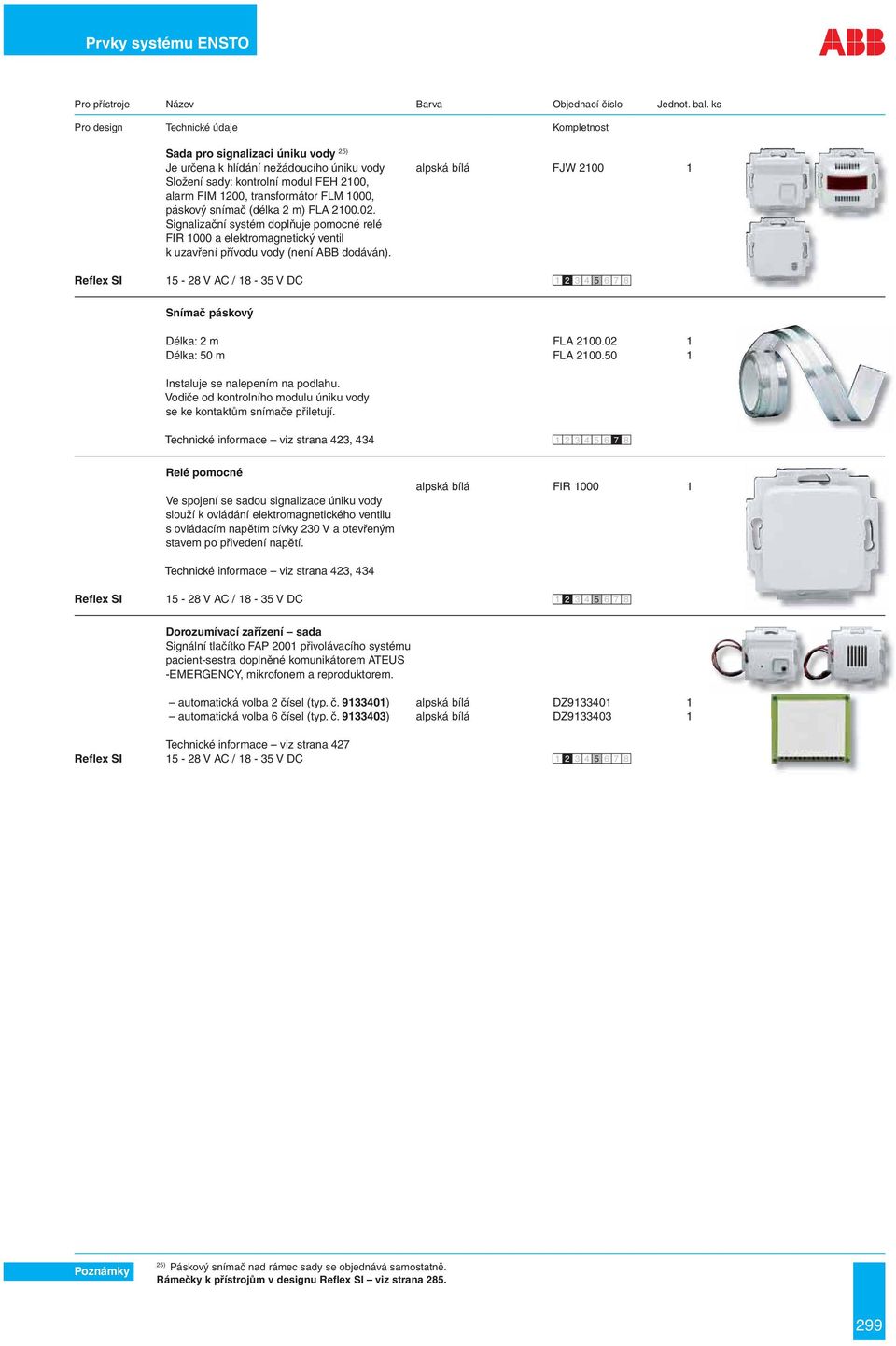 transformátor FLM 1000, páskový snímač (délka 2 m) FLA 2100.02. Signalizační systém doplňuje pomocné relé FIR 1000 a elektromagnetický ventil k uzavření přívodu vody (není ABB dodáván).