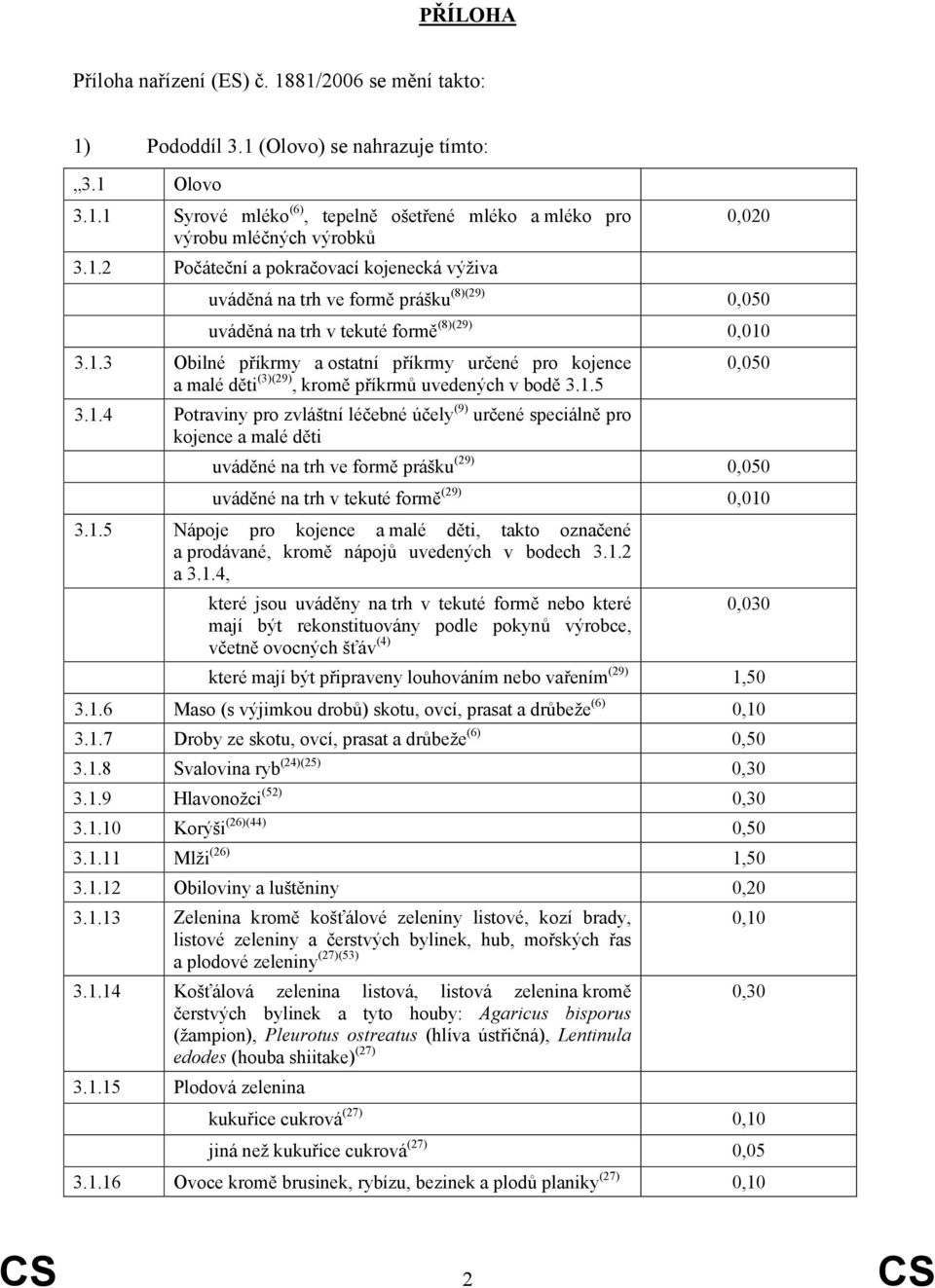 1.5 Nápoje pro kojence a malé děti, takto označené a prodávané, kromě nápojů uvedených v bodech 3.1.2 a 3.1.4, které jsou uváděny na trh v tekuté formě nebo které 0,030 mají být rekonstituovány podle pokynů výrobce, včetně ovocných šťáv (4) které mají být připraveny louhováním nebo vařením (29) 1,50 3.