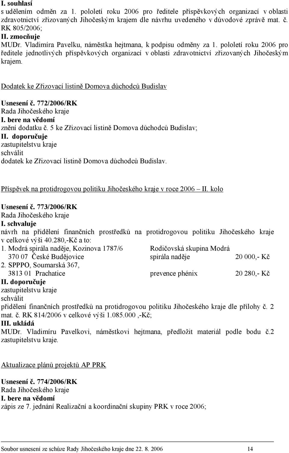 pololetí roku 2006 pro ředitele jednotlivých příspěvkových organizací v oblasti zdravotnictví zřizovaných Jihočeským krajem. Dodatek ke Zřizovací listině Domova důchodců Budislav Usnesení č.