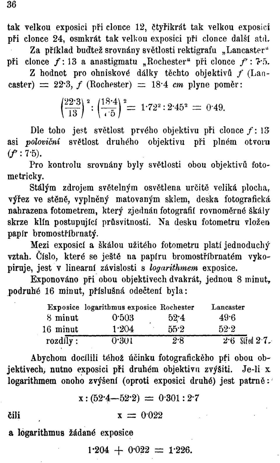 objektivu při clonce f: 13 asi poloviční světlost druhého objektivu při plném otvoru (f:7-5). Pro kontrolu srovnány byly světlosti obou objektivů fotometr i cky.