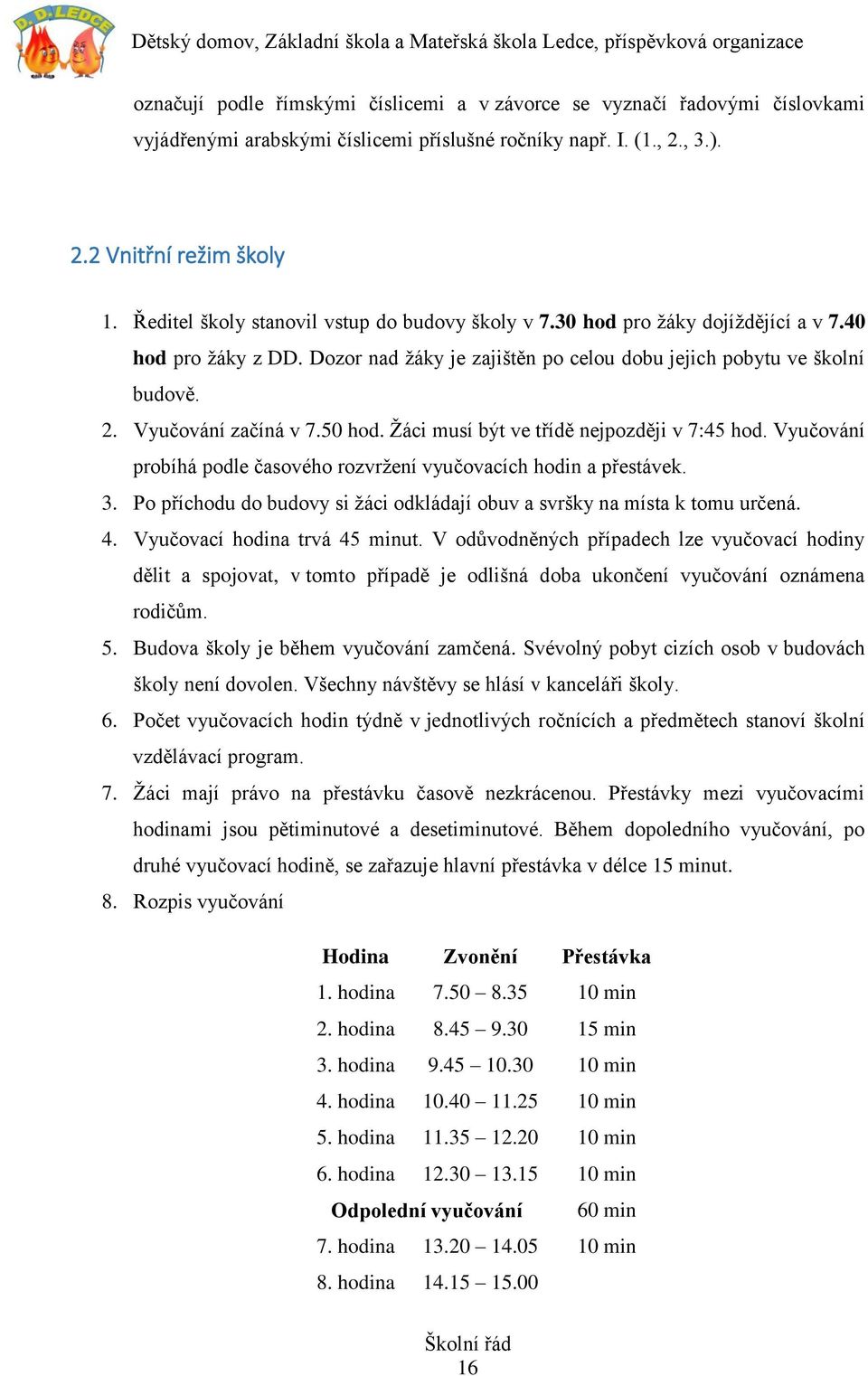 Vyučování začíná v 7.50 hod. Žáci musí být ve třídě nejpozději v 7:45 hod. Vyučování probíhá podle časového rozvržení vyučovacích hodin a přestávek. 3.
