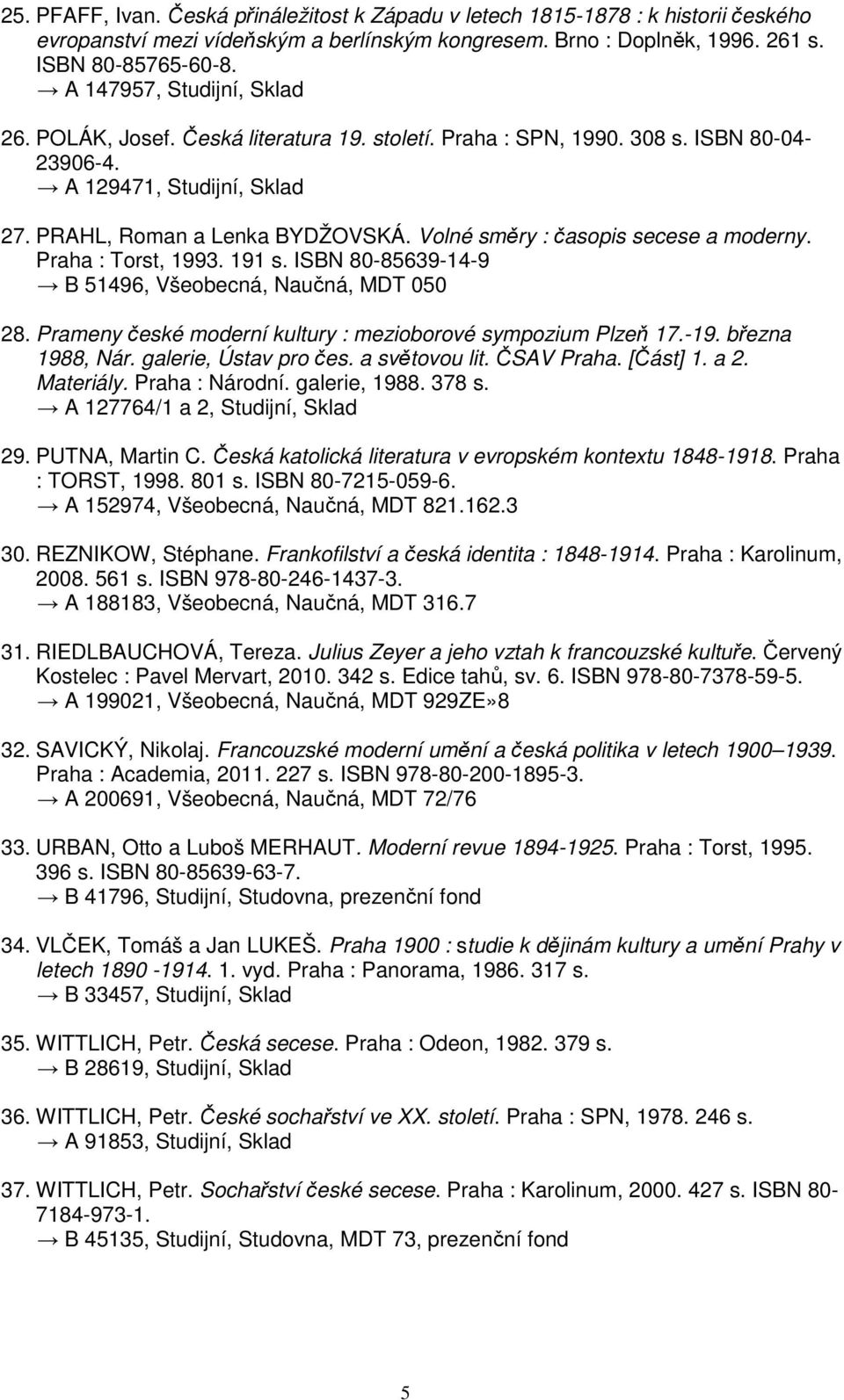 Volné směry : časopis secese a moderny. Praha : Torst, 1993. 191 s. ISBN 80-85639-14-9 B 51496, Všeobecná, Naučná, MDT 050 28. Prameny české moderní kultury : mezioborové sympozium Plzeň 17.-19.