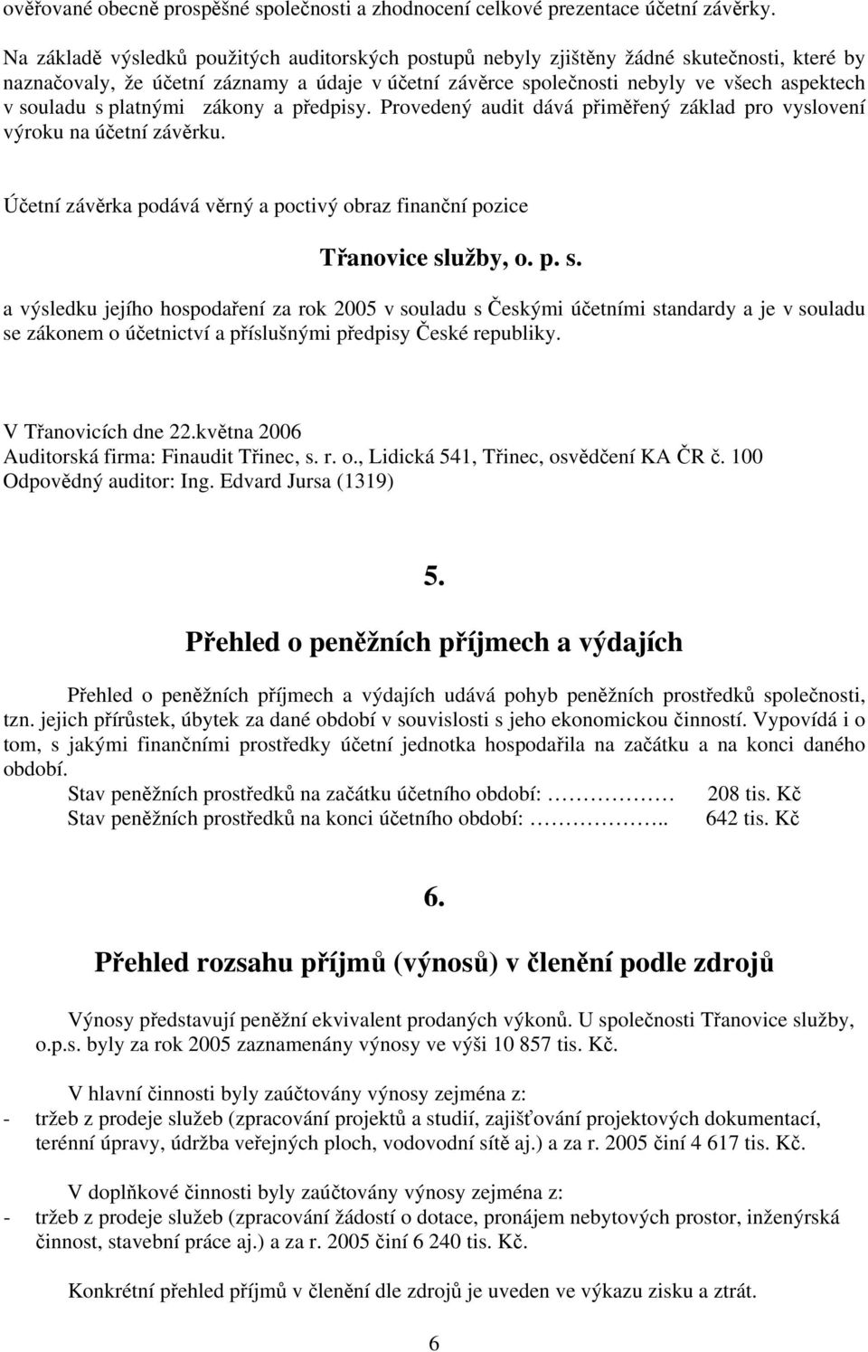 s platnými zákony a předpisy. Provedený audit dává přiměřený základ pro vyslovení výroku na účetní závěrku. Účetní závěrka podává věrný a poctivý obraz finanční pozice Třanovice sl