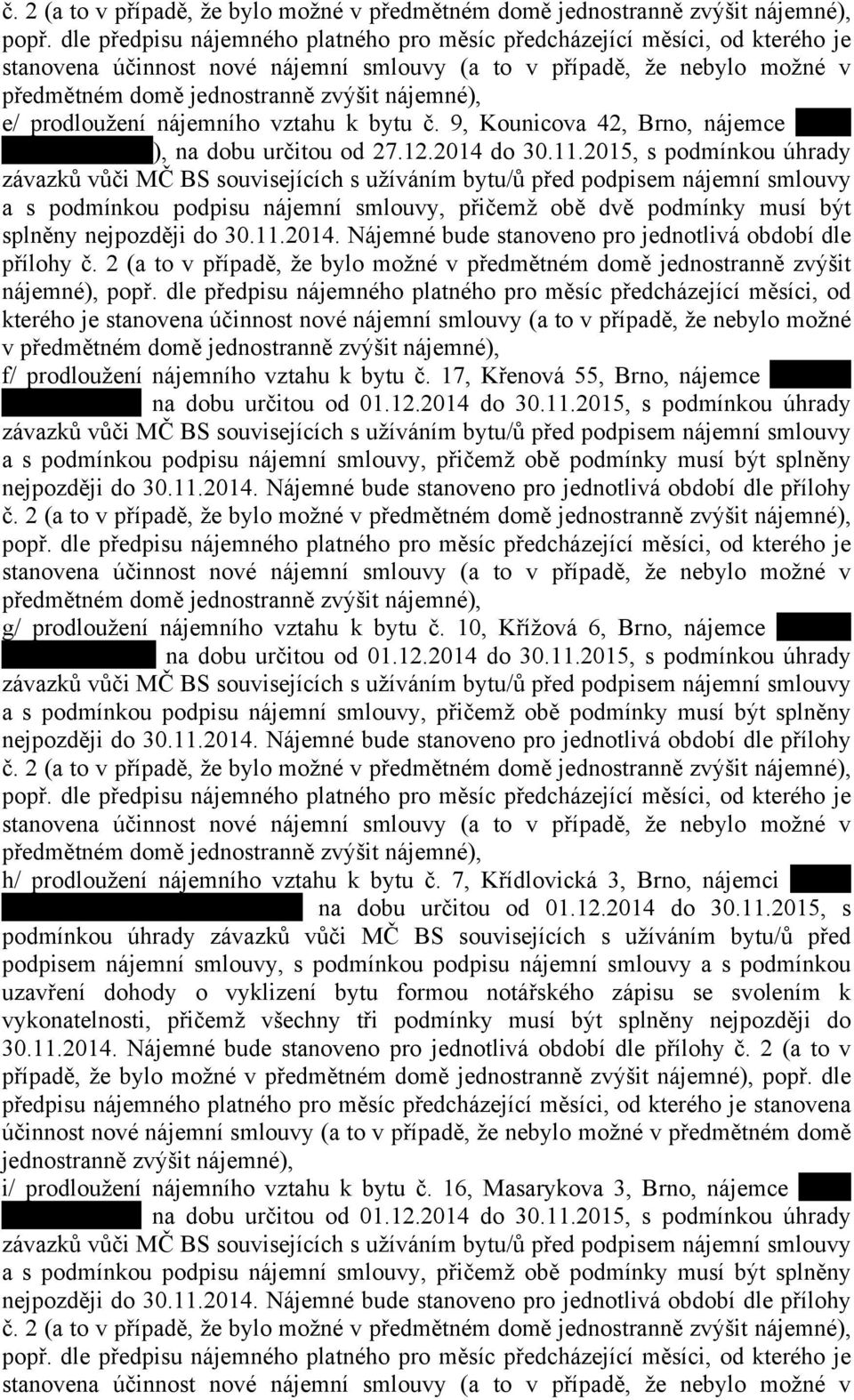 2015, s podmínkou úhrady závazků vůči MČ BS souvisejících s užíváním bytu/ů před podpisem nájemní smlouvy a s podmínkou podpisu nájemní smlouvy, přičemž obě dvě podmínky musí být splněny nejpozději