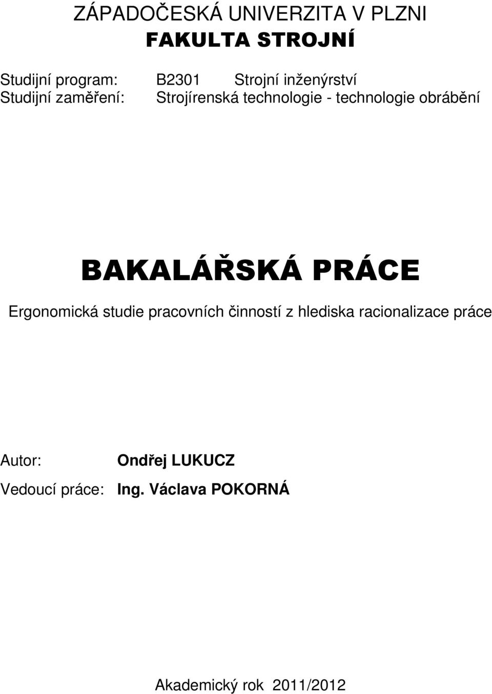 BAKALÁŘSKÁ PRÁCE Ergonomická studie pracovních činností z hlediska racionalizace